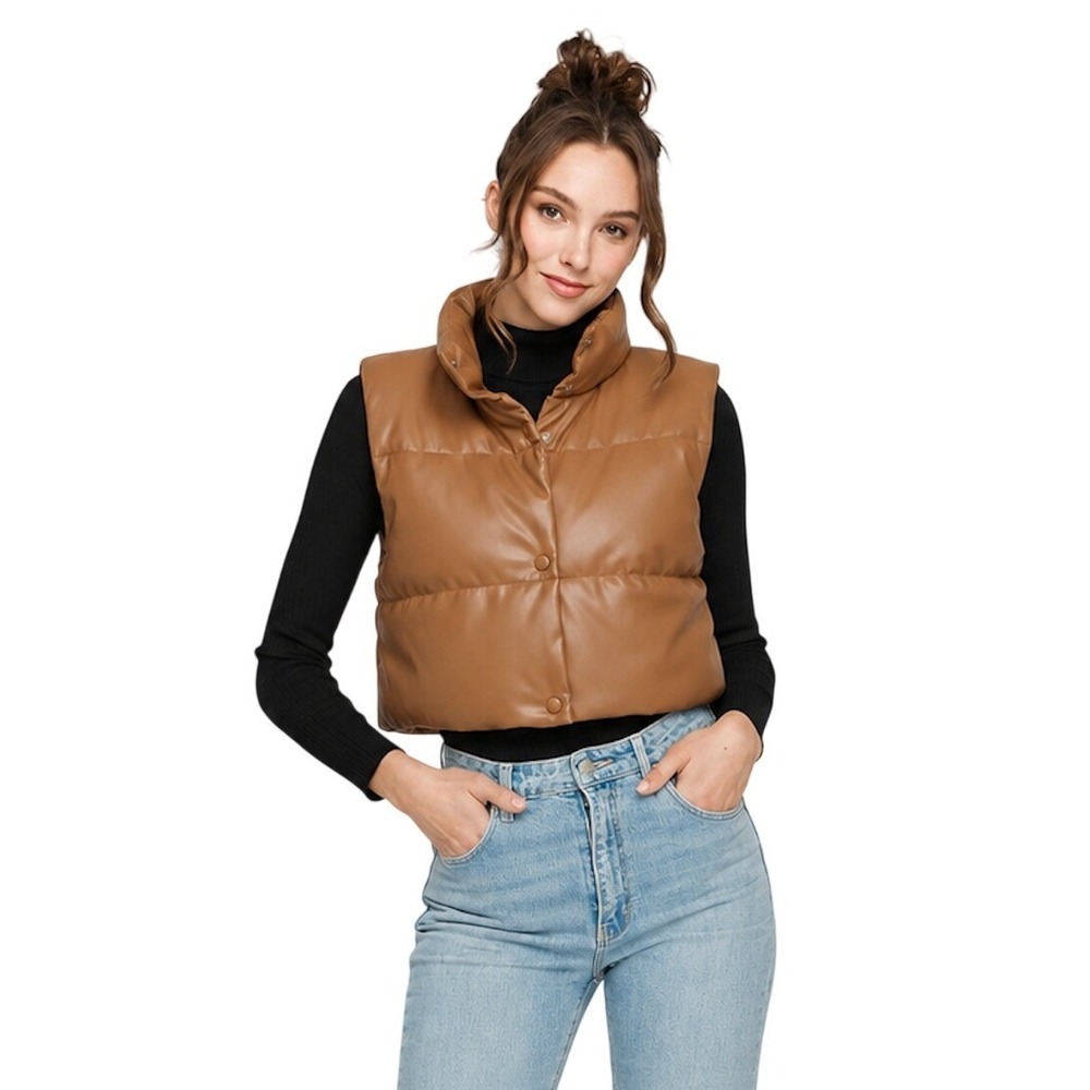 Sebby Collection Brown Faux Leather Puffer Vest Cropped MEDIUM